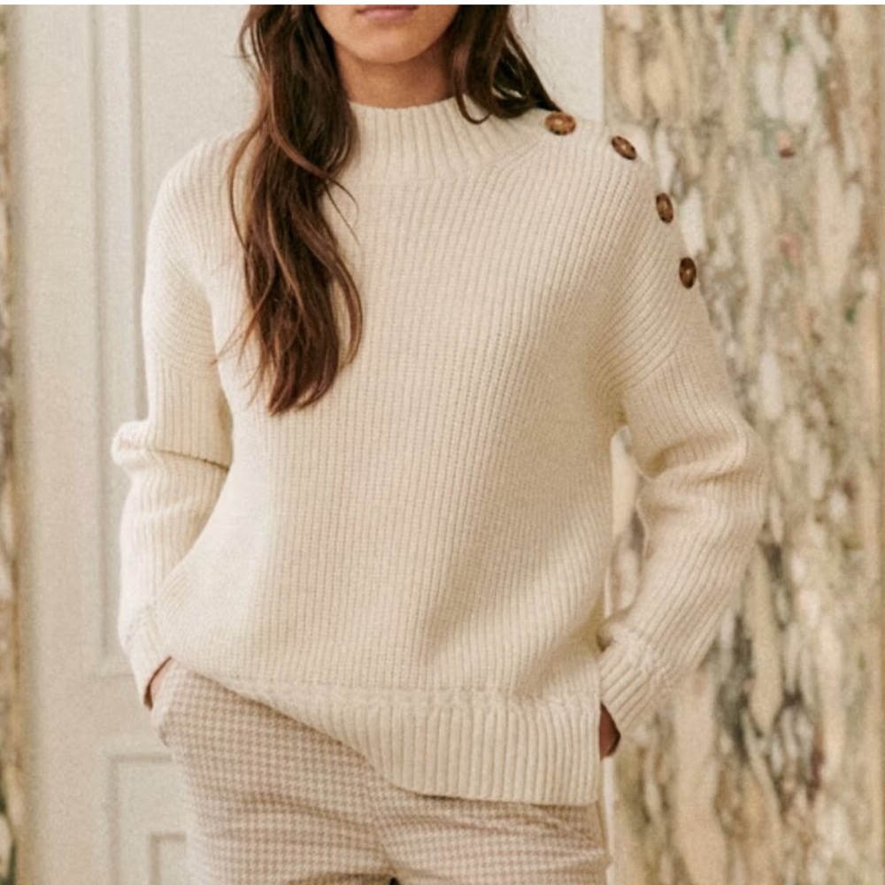 Sezane Cream Turtleneck Sweater with Button Accents